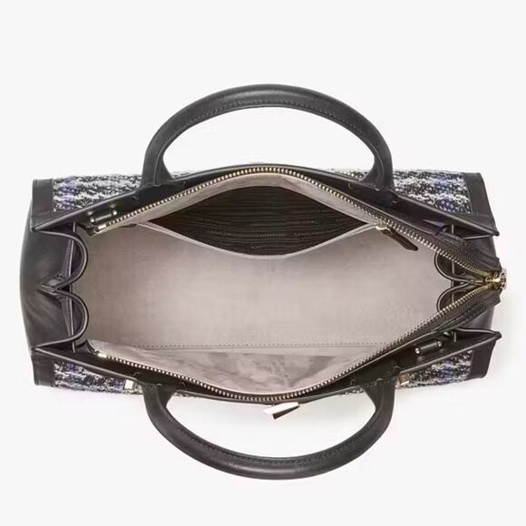 Kate Spade Deco Plaid Tweed Medium Satchel Elegant Black and Blue Tweed Handbag - Picture 8 of 10
